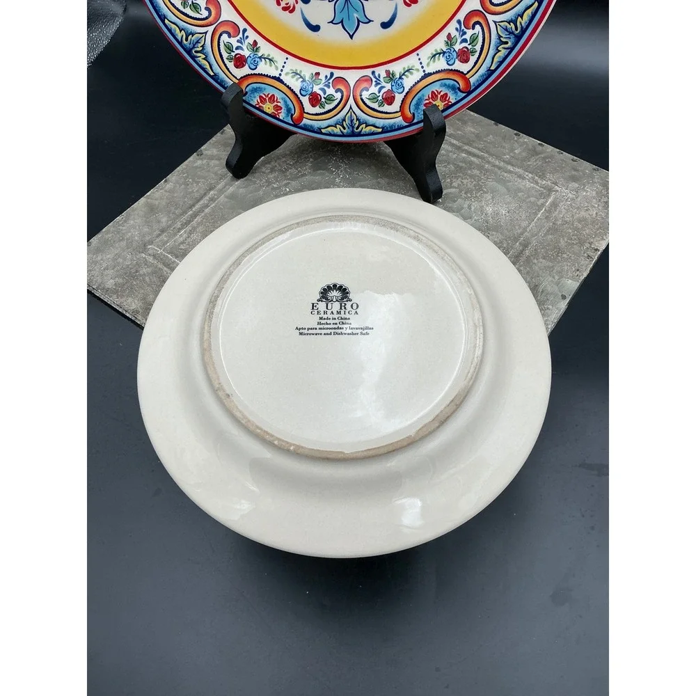Euro Ceramica Zanzibar Salad Plates Set of 2 Blue Yellow Red Spanish  8.25in